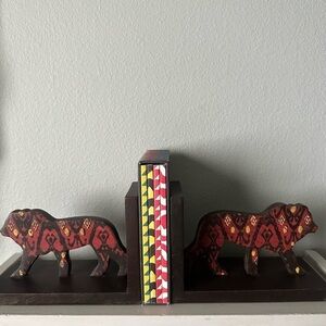 Bookends Painted Carved Wood Ikat Lions